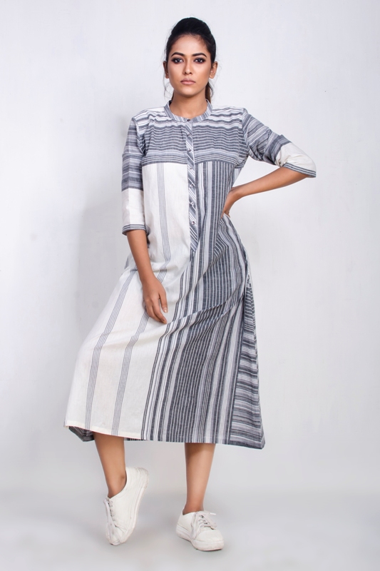  handwoven uneven striped mid-length dress